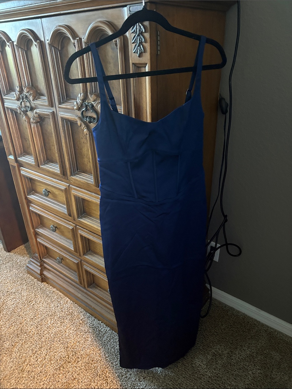 Abercrombie & Fitch Navy Satin Midi Dress with Spaghetti Straps